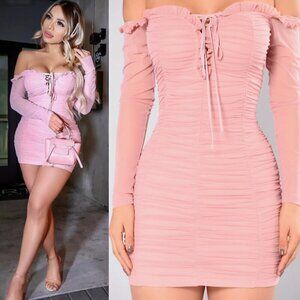 Fashion Nova Maura Mesh, Mini Dress, Large, Mesh Sleeve, Rouched Tie Bod…​